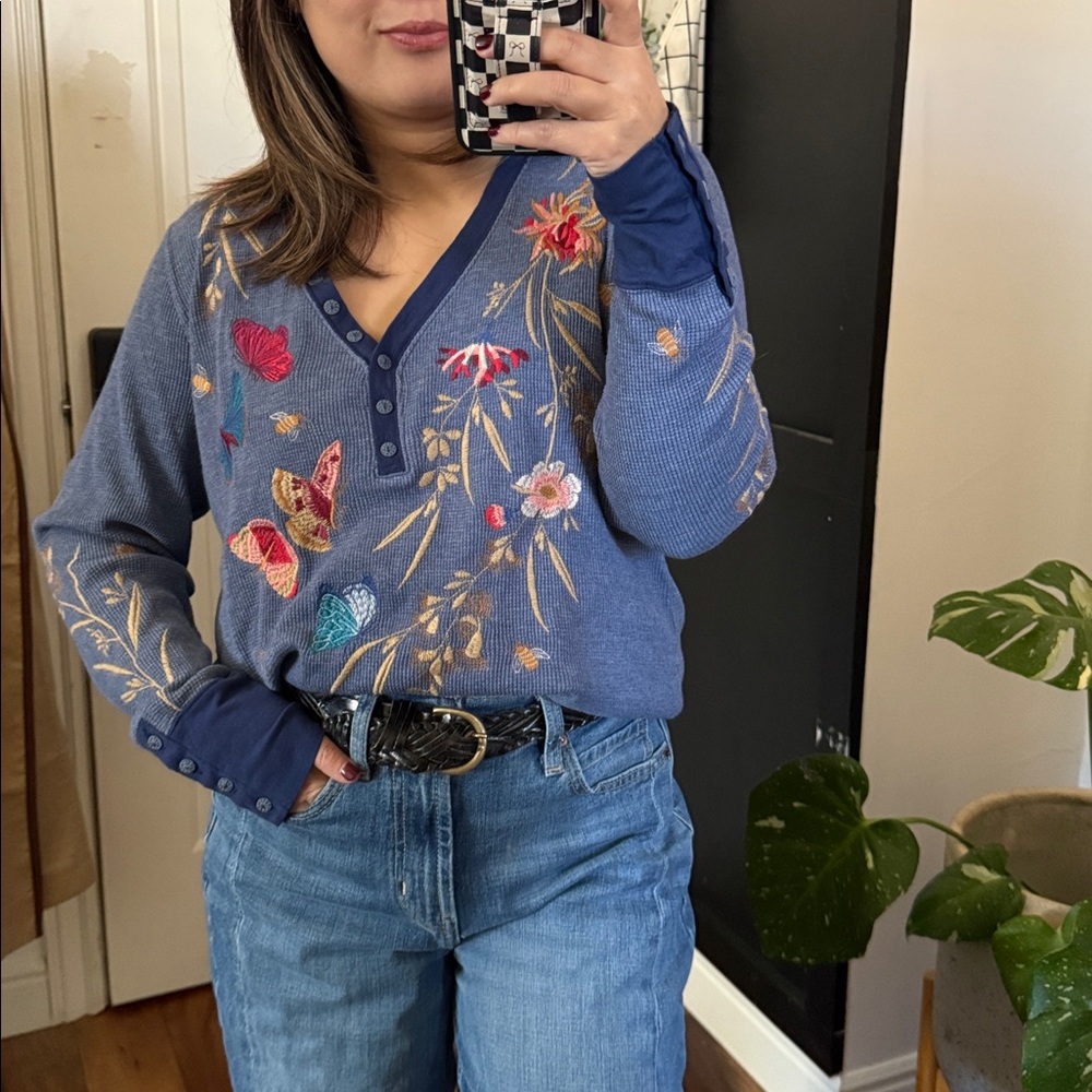 Johnny Was Blue Embroidered V-Neck Floral Butterfly Top